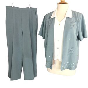 Alfred Dunner Pant Suit Short Sleeves Embellished Trim Lagenlook